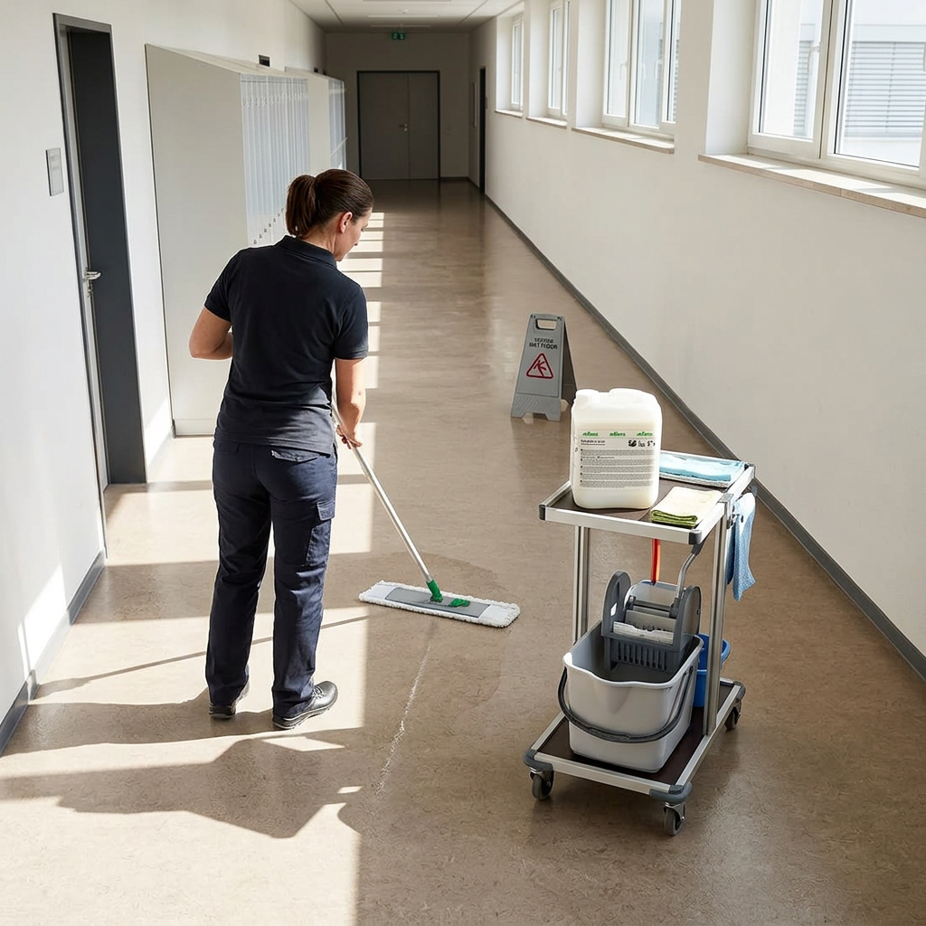 Voksen medarbejder med fladmoppe og Ceradur-eco 5 L på rengøringsvogn i solrig gang