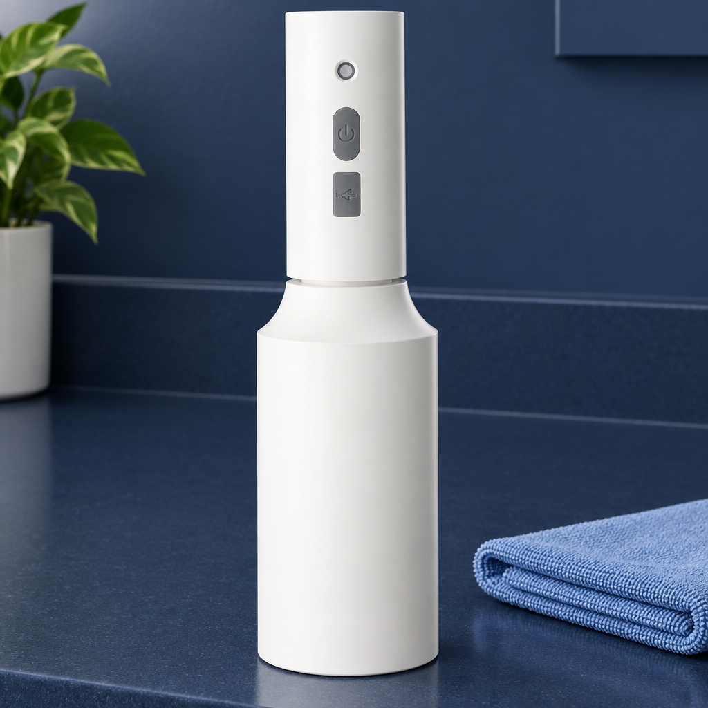 Hvid Safesprayer med 750 ml beholder på blå bordplade ved klud