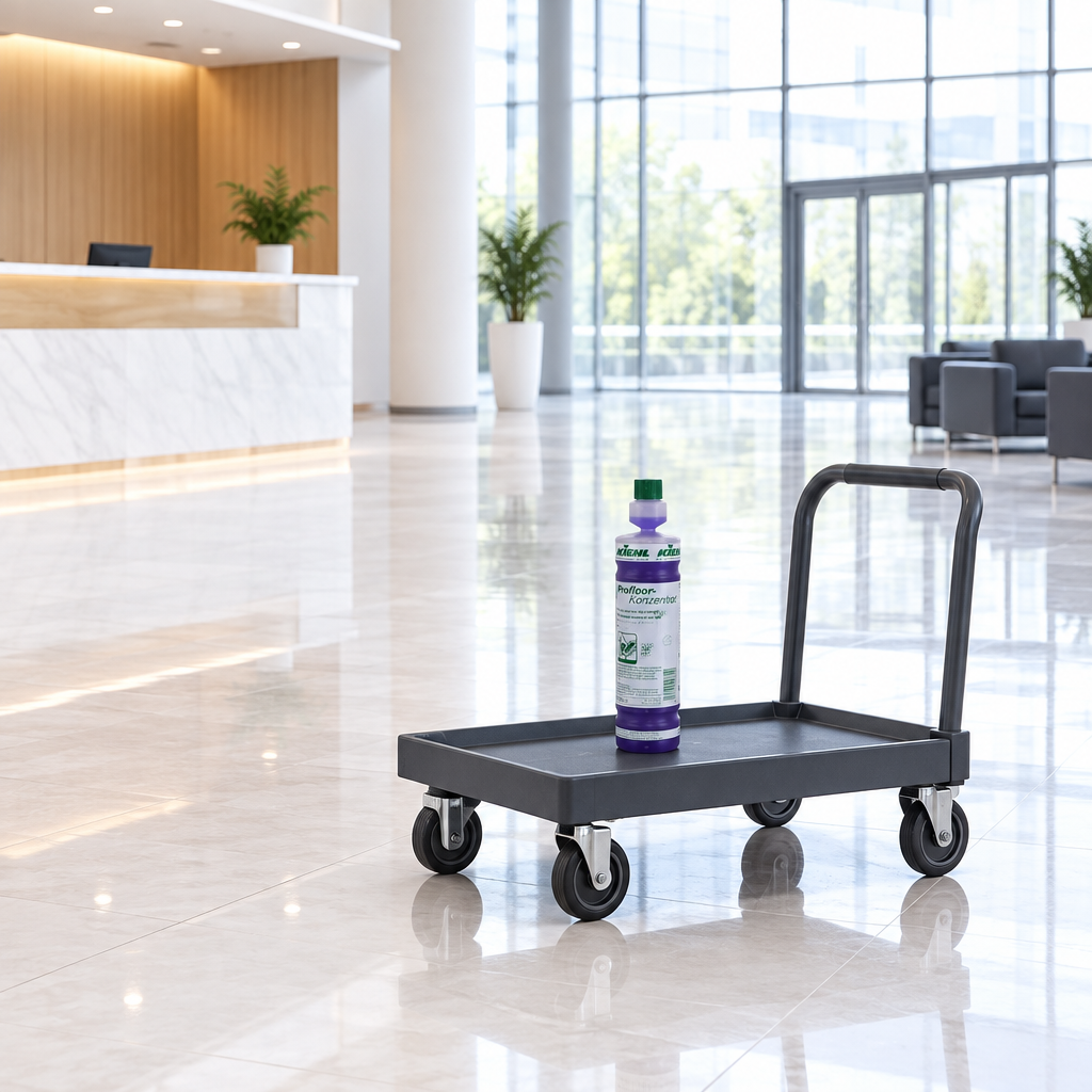 Kiehl Profloor-Koncentrat på vogn i lys lobby