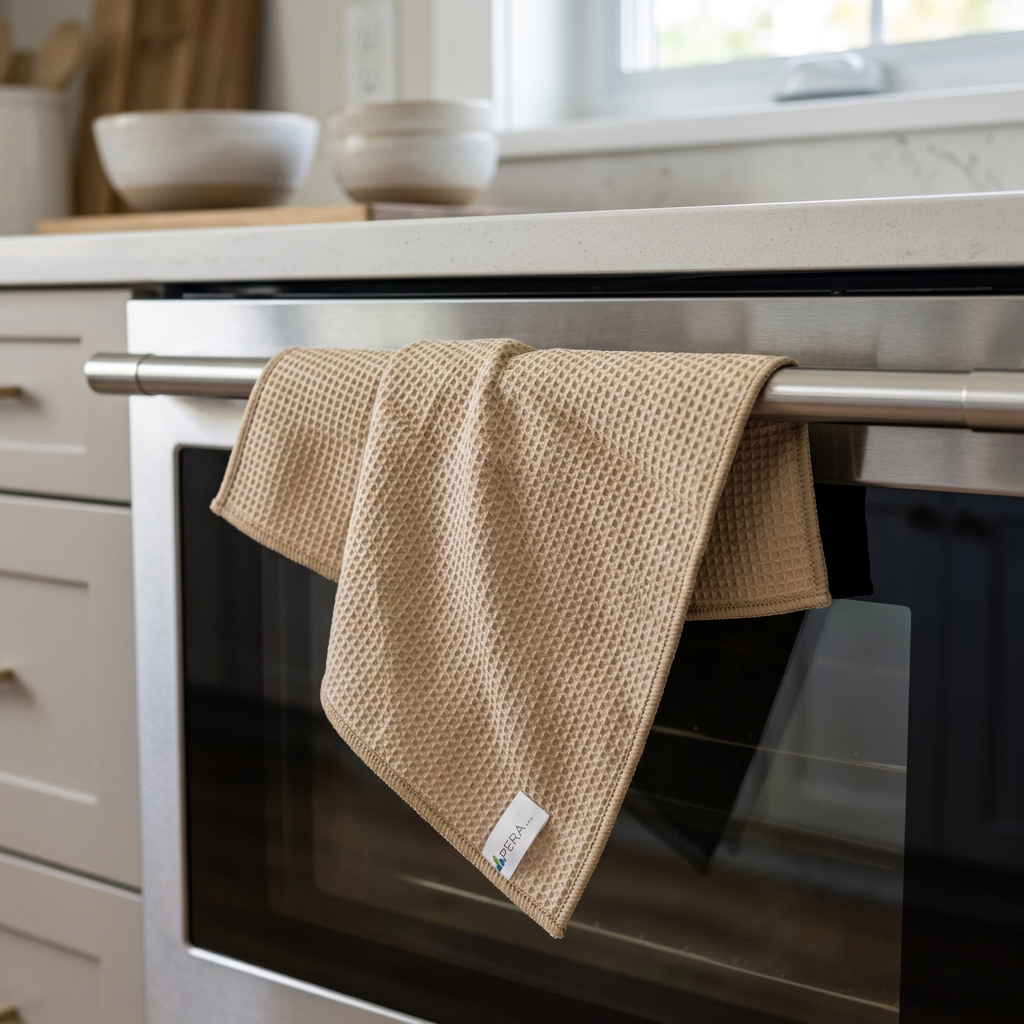 Beige Micro Multi viskestykke hængende over håndtag i køkken