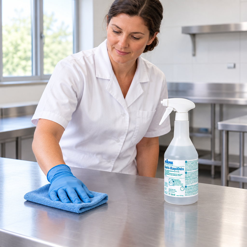 Brugssituation med Kiehl RapiDés 750 ml ved aftørring af stålbord