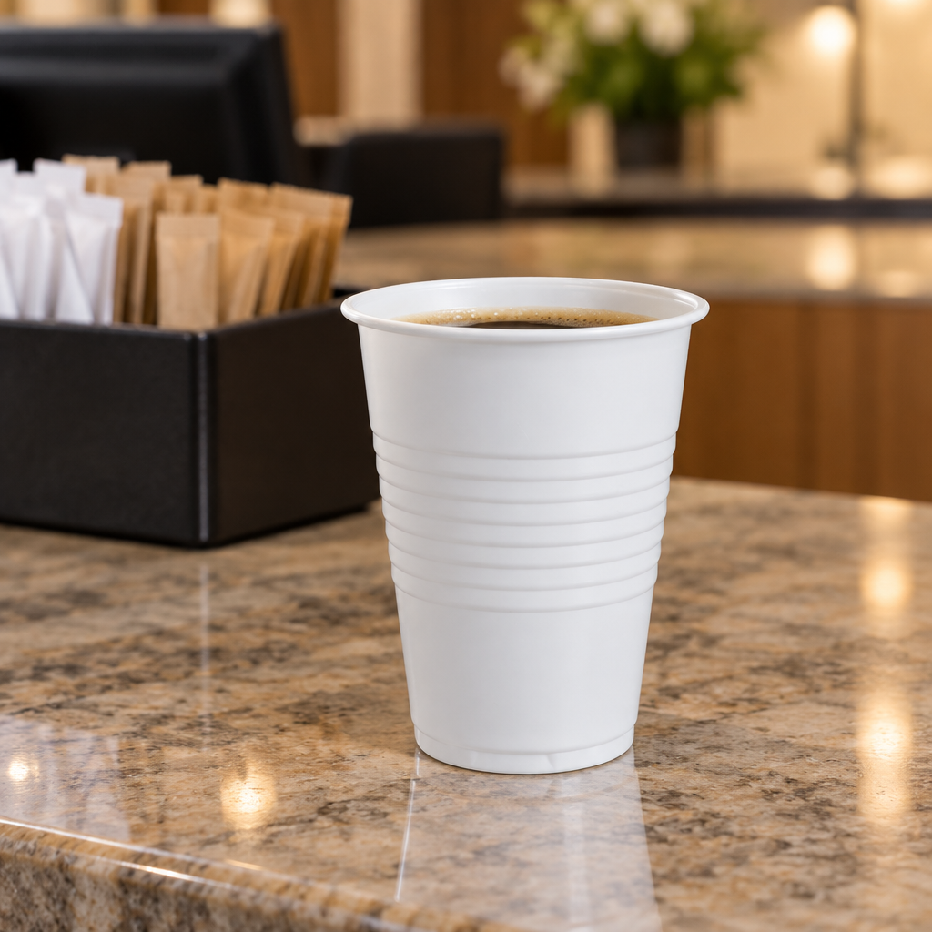 Hvidt automatbæger med kaffe ved receptionsdisk og portionssukker