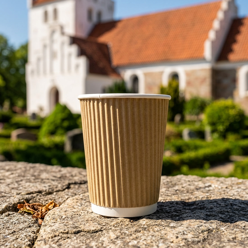 Brunt kaffebæger på stenterrasse ved kirke i solskin