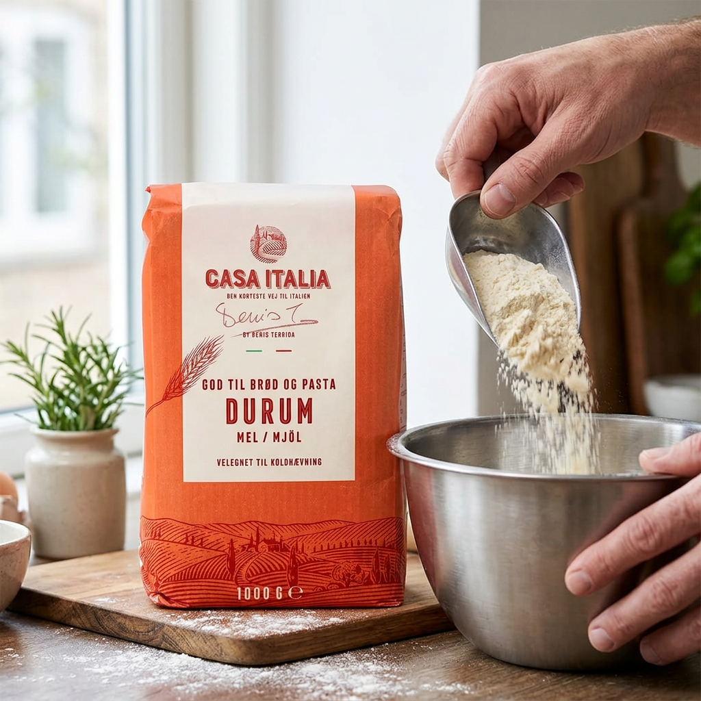 Durummel fra Casa Italia hældes i en røreskål
