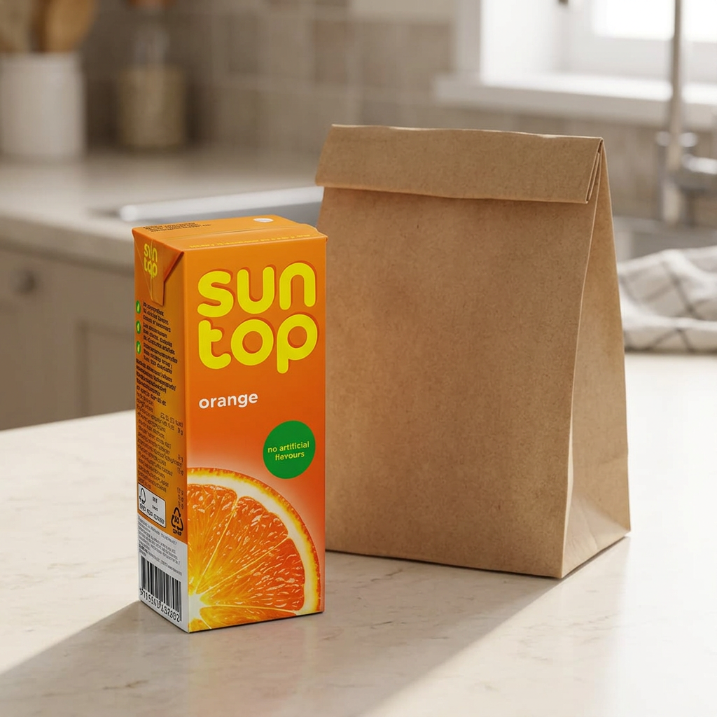 Suntop Appelsin ved madpakkepose på køkkenbord
