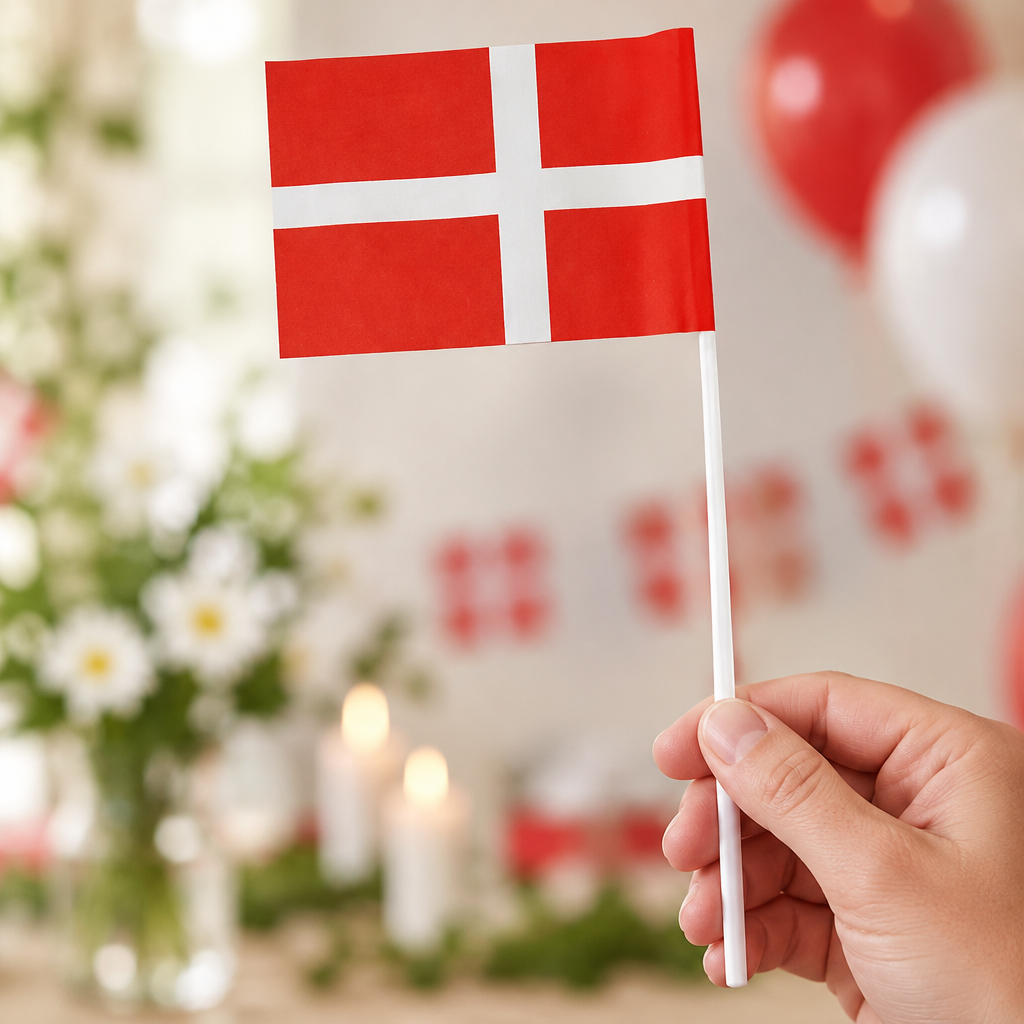 Dannebrog papirflag på hvid pind holdt i hånden ved en fest