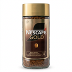 Nescafé Gold instant kaffe 200 g i glas med guldfarvet låg og intensitet 6 på hvid baggrund
