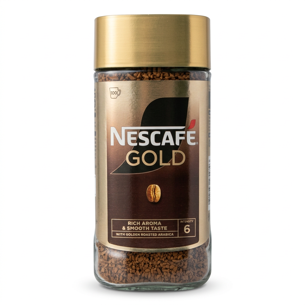Nescafé Gold instant kaffe 200 g i glas med guldfarvet låg og intensitet 6 på hvid baggrund