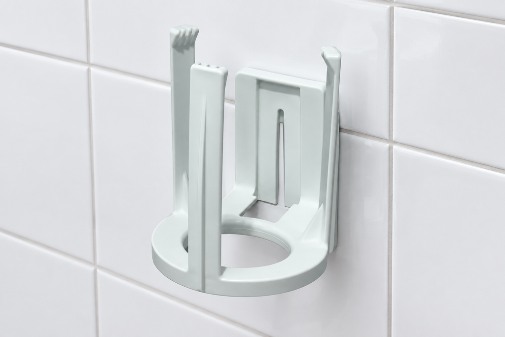Hvid vægholder uden toiletbørste i lyst badeværelse, stemningsillustration