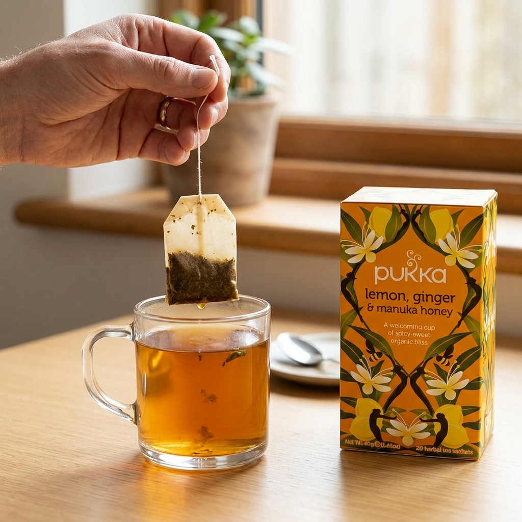 Tebrevet løftes op efter brygning af Pukka Lemon Ginger og Manuka Honey