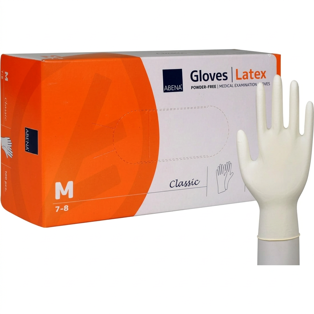 Latexhandsker ABENA Classic M 7–8, orange og hvid æske med 100 stk. og naturfarvet handske – produktfoto
