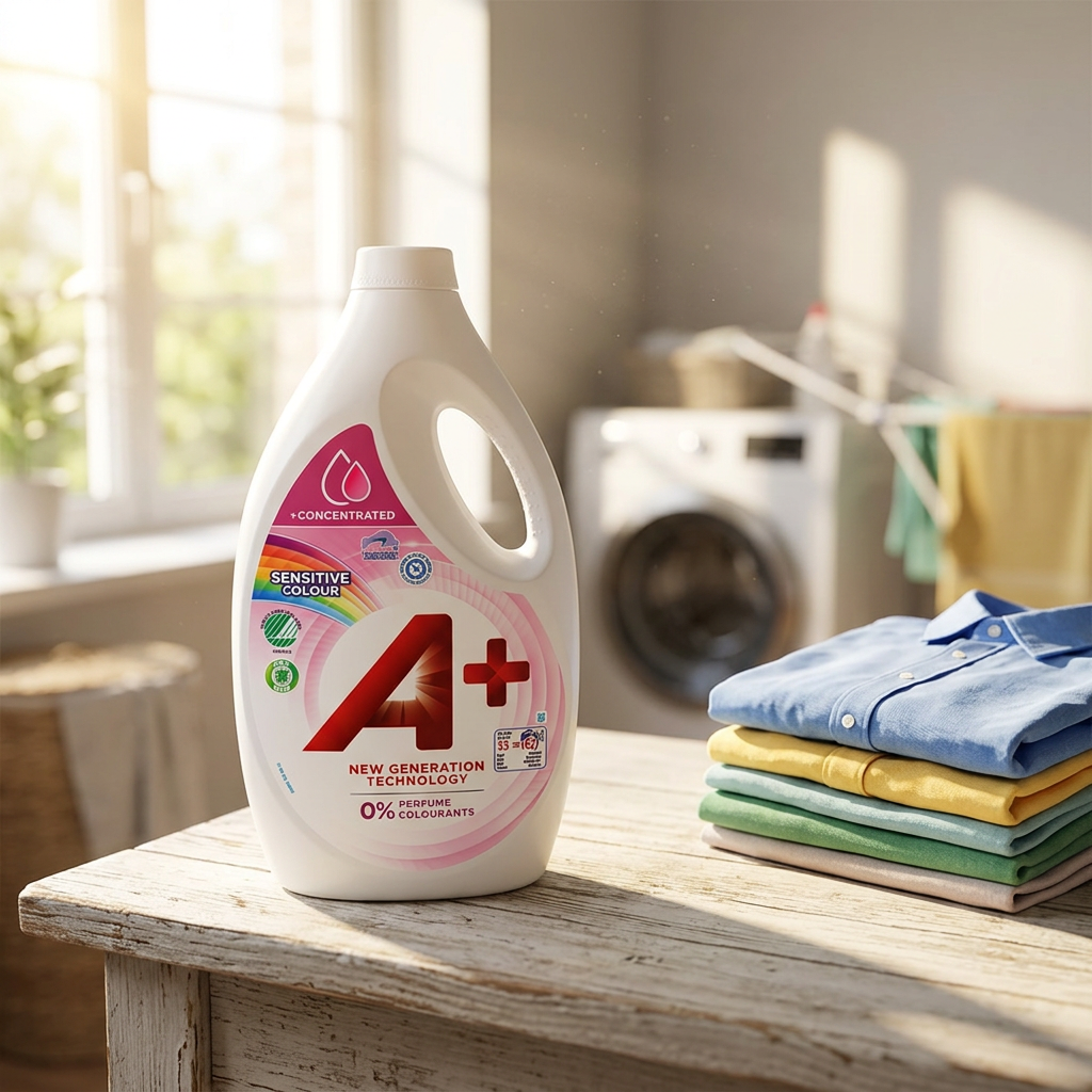 Stemningsbillede med A+ Sensitive Colour og farvet vasketøj