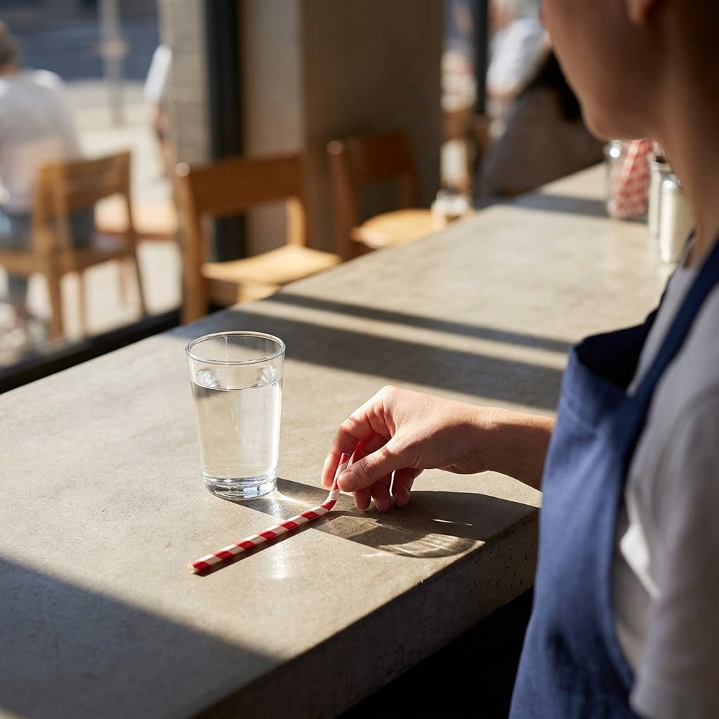 Voksen klargør papirsugerør ved en solbelyst cafédisk, glas medfølger ikke