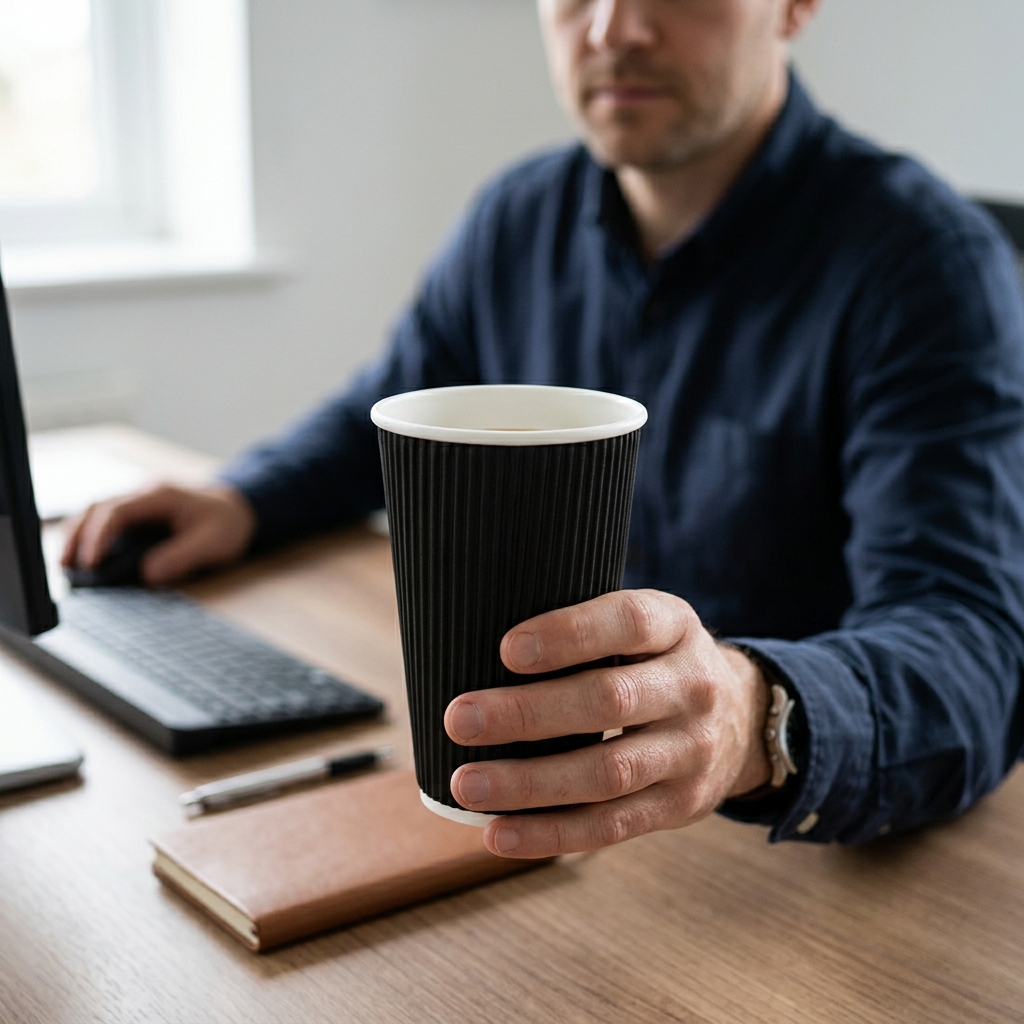 Voksen kontormedarbejder holder sort Ripple Wall kaffebæger 40 cl ved skrivebord