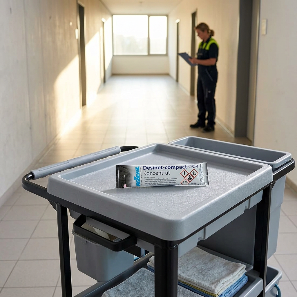 Kiehl Desinet-compact portionspose på rengøringsvogn i lys servicegang