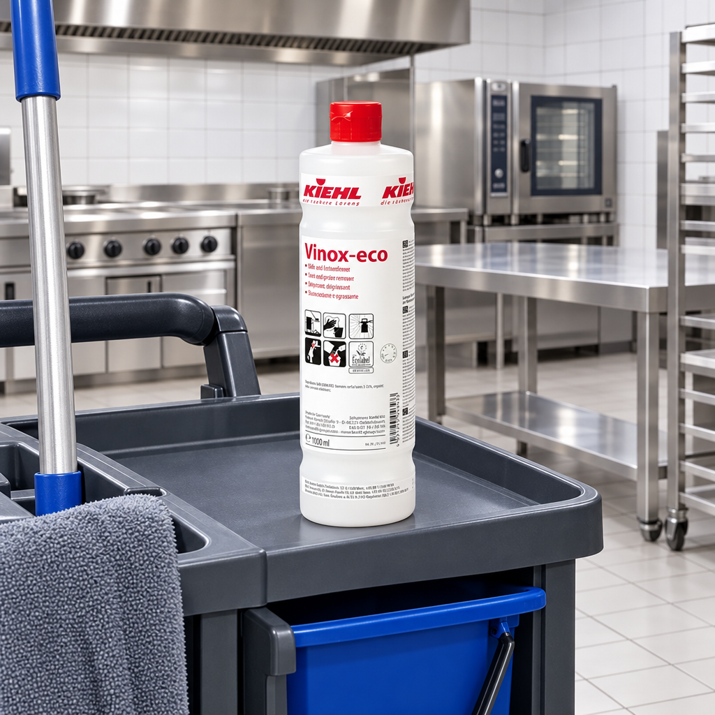 Kiehl Vinox-eco 1 L på rengøringsvogn i køkken, stemningsbillede