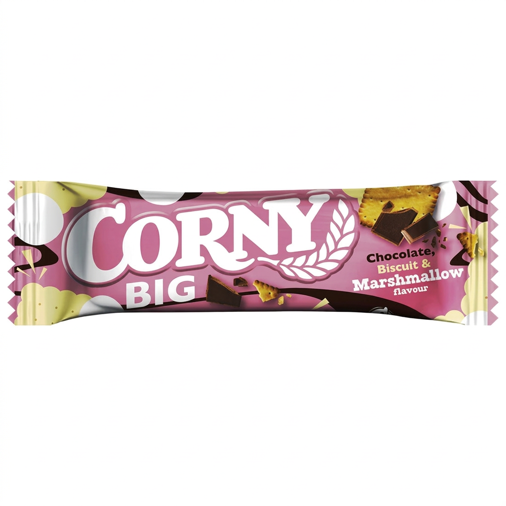 Tydeliggjort produktbillede af Corny Big Marshmallow og Biscuit i pink indpakning