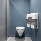 Hvid Tork OptiServe T7-dispenser i toiletkabine med blågrå vægge