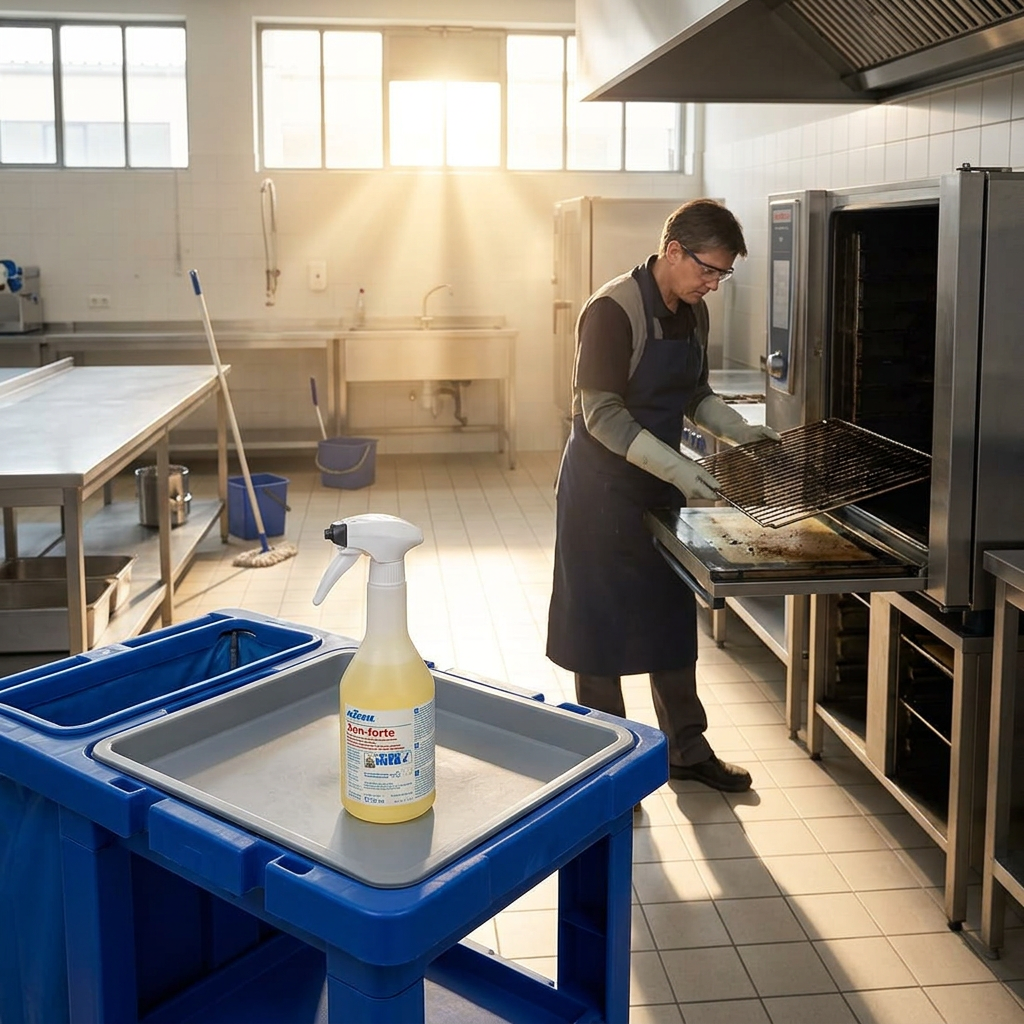 Kiehl Xon-forte 750 ml på vogn ved voksen medarbejder og professionel ovn i sollys
