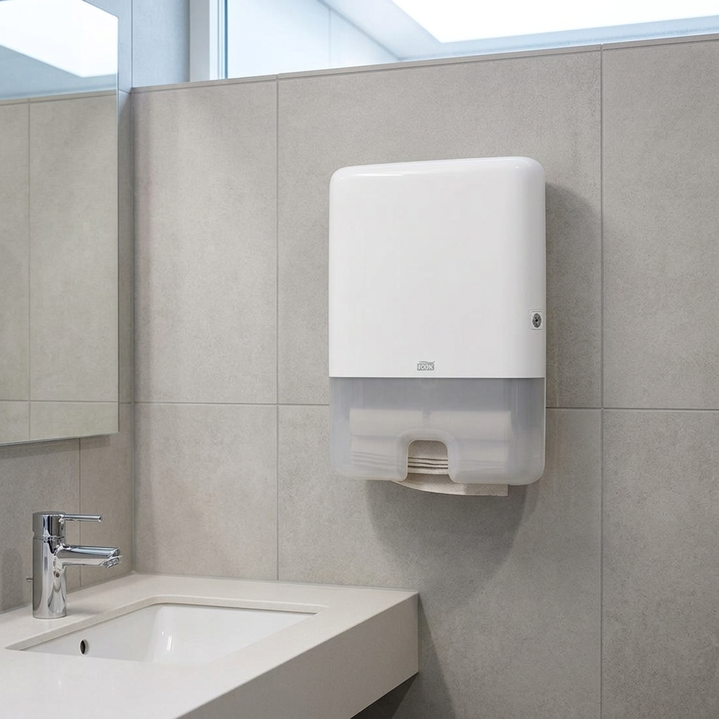 Hvid Tork Xpress H2-dispenser ved håndvask på lysegrå flisevæg