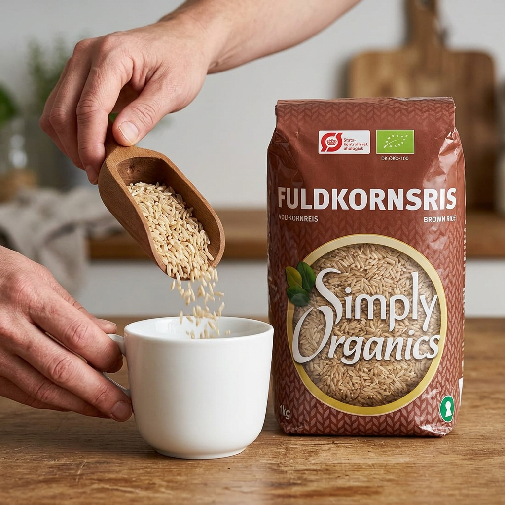Brune ris hældes i en kop ved siden af posen med fuldkornsris