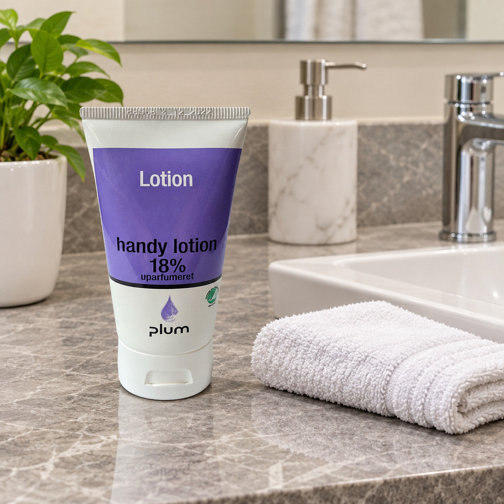 Plum Handy Lotion 18 % ved håndvask og hvid vaskeklud