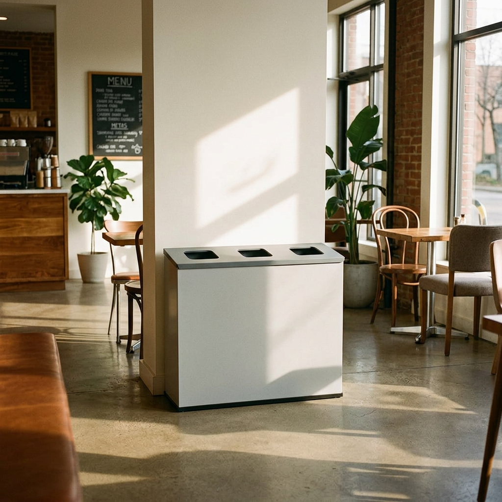 Grå EcoStation med tre rum i caféområde med sollys