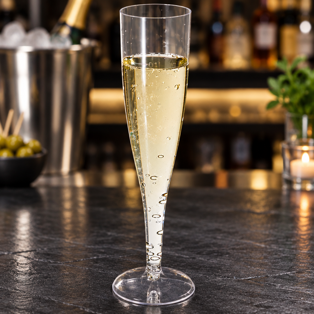 Champagneglas i klar plast på mørk bardisk