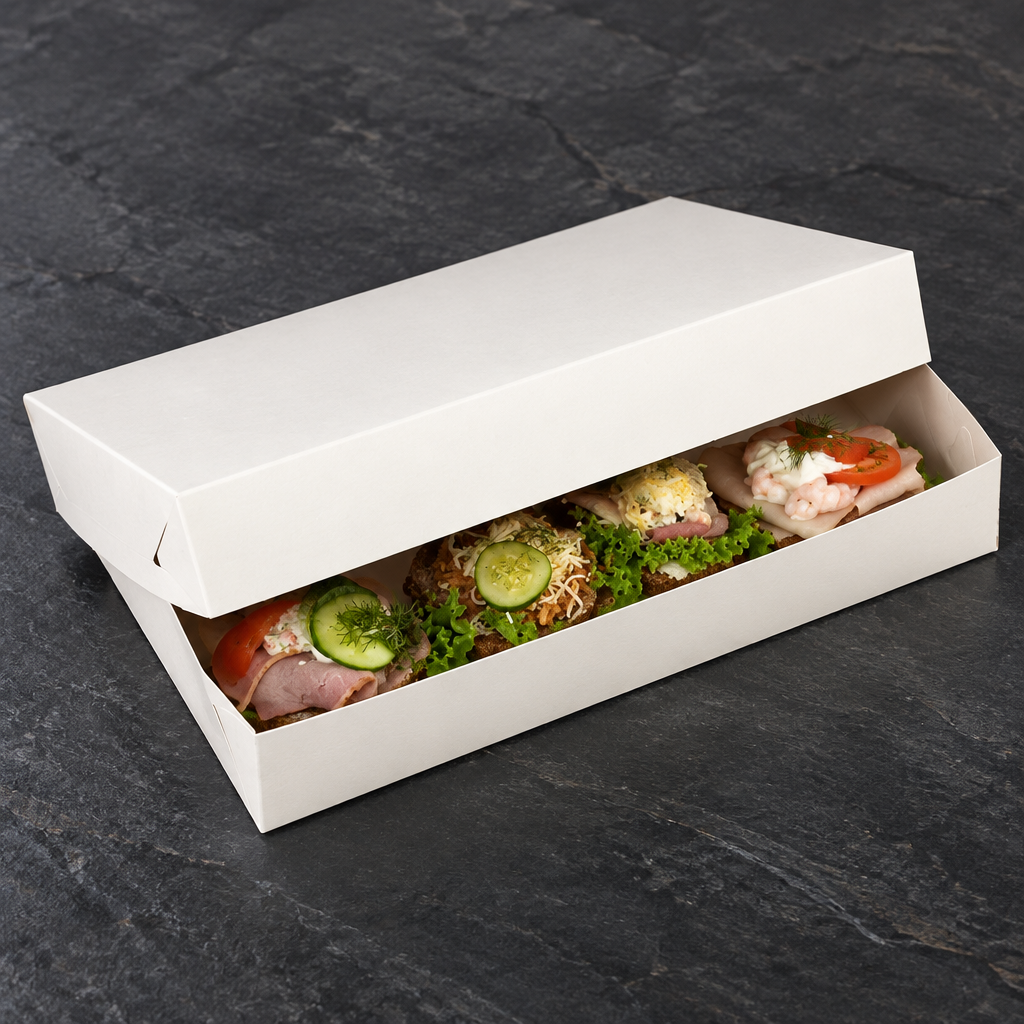 Smørrebrød i hvid rektangulær kartonæske på mørk bordflade