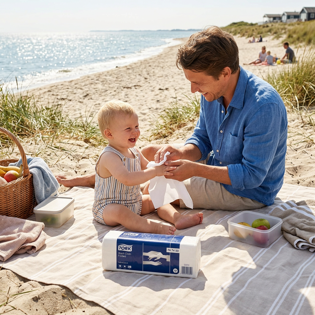 Én pakke Tork 747450 på strandtur med voksen og barn i solskin