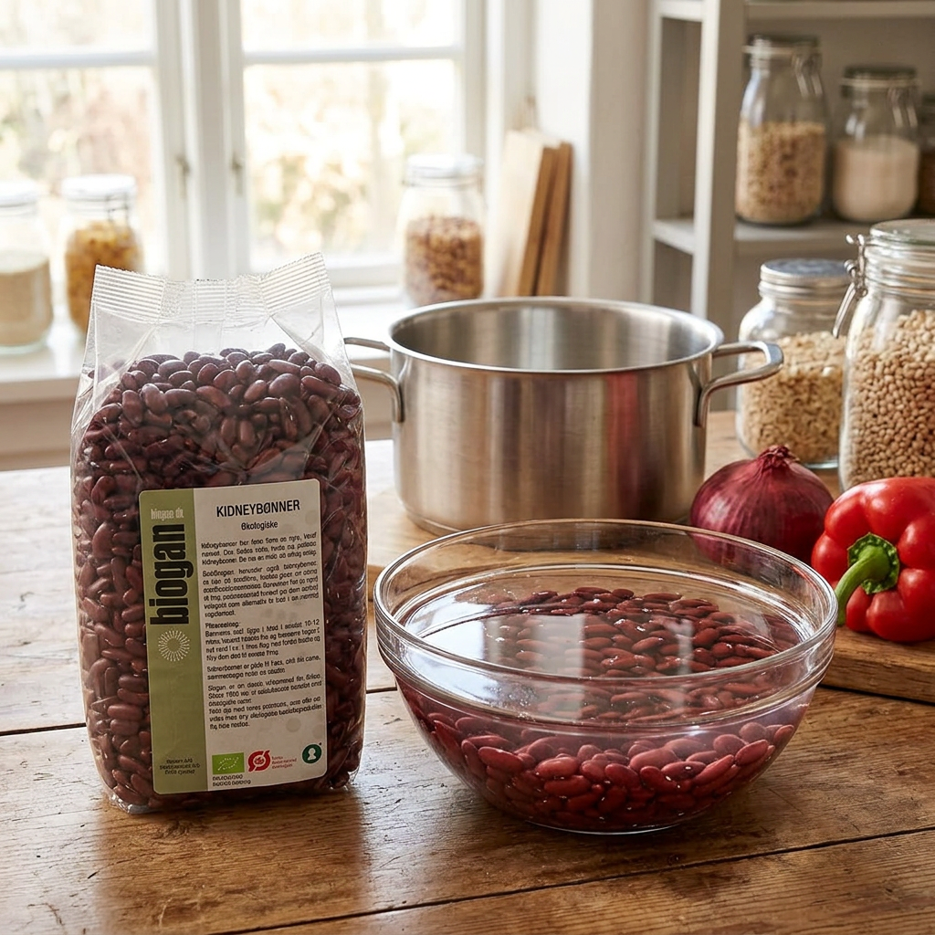Biogan kidneybønner ved skål med bønner i vand og gryde på køkkenbord