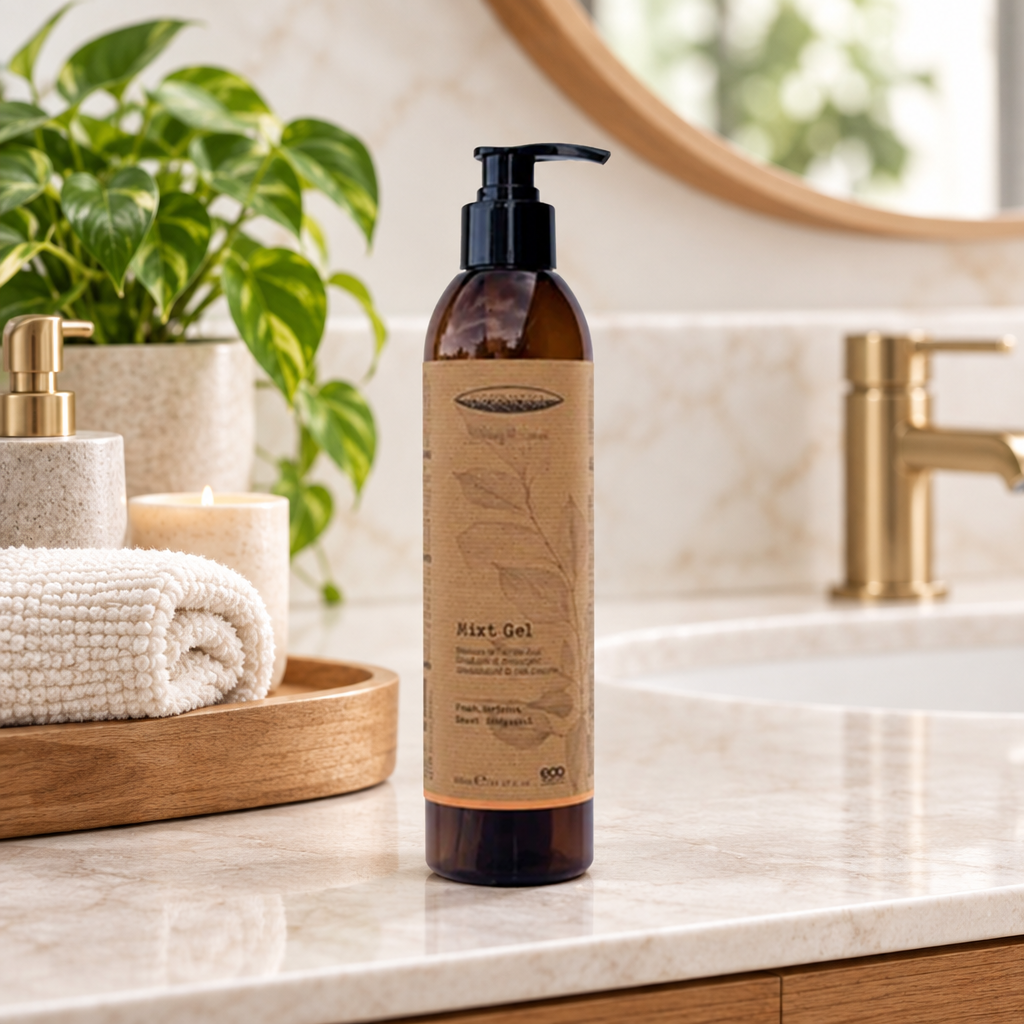 Botanika shampoo og duschgel ved en håndvask med håndklæder og spejl