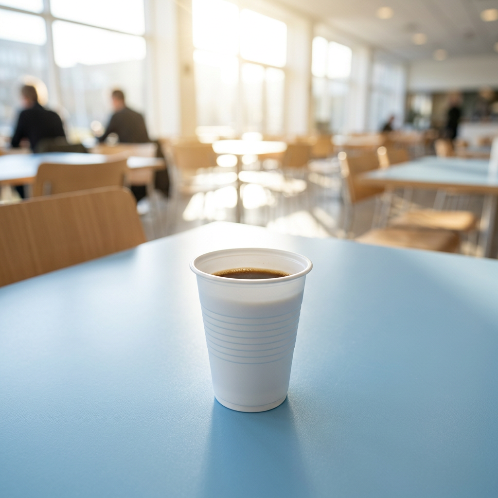 Hvidt automatbæger med kaffe på blåt bord i solrig kantine