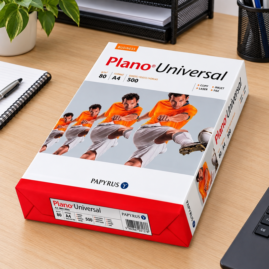 Plano Universal A4 kopipapir på arbejdsbord i mindre kontor, stemningsillustration