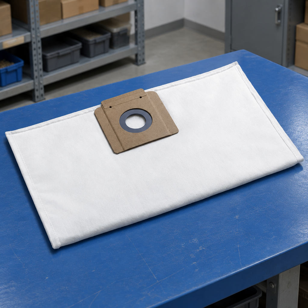 Miljøbillede af fleecepose med rund åbning på blåt arbejdsbord