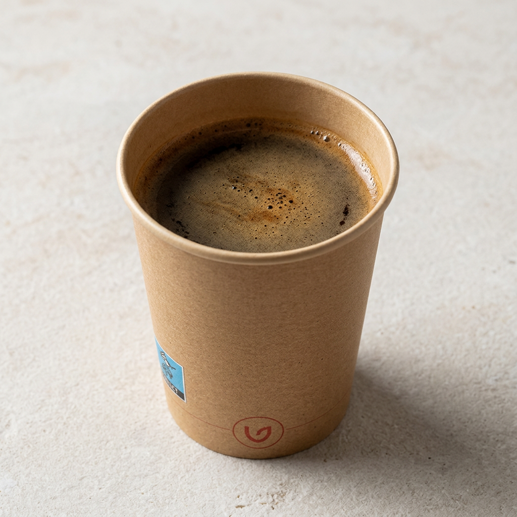 Brunt Verive kaffebæger 25 cl med kaffe på lys stenbordplade set skråt ovenfra