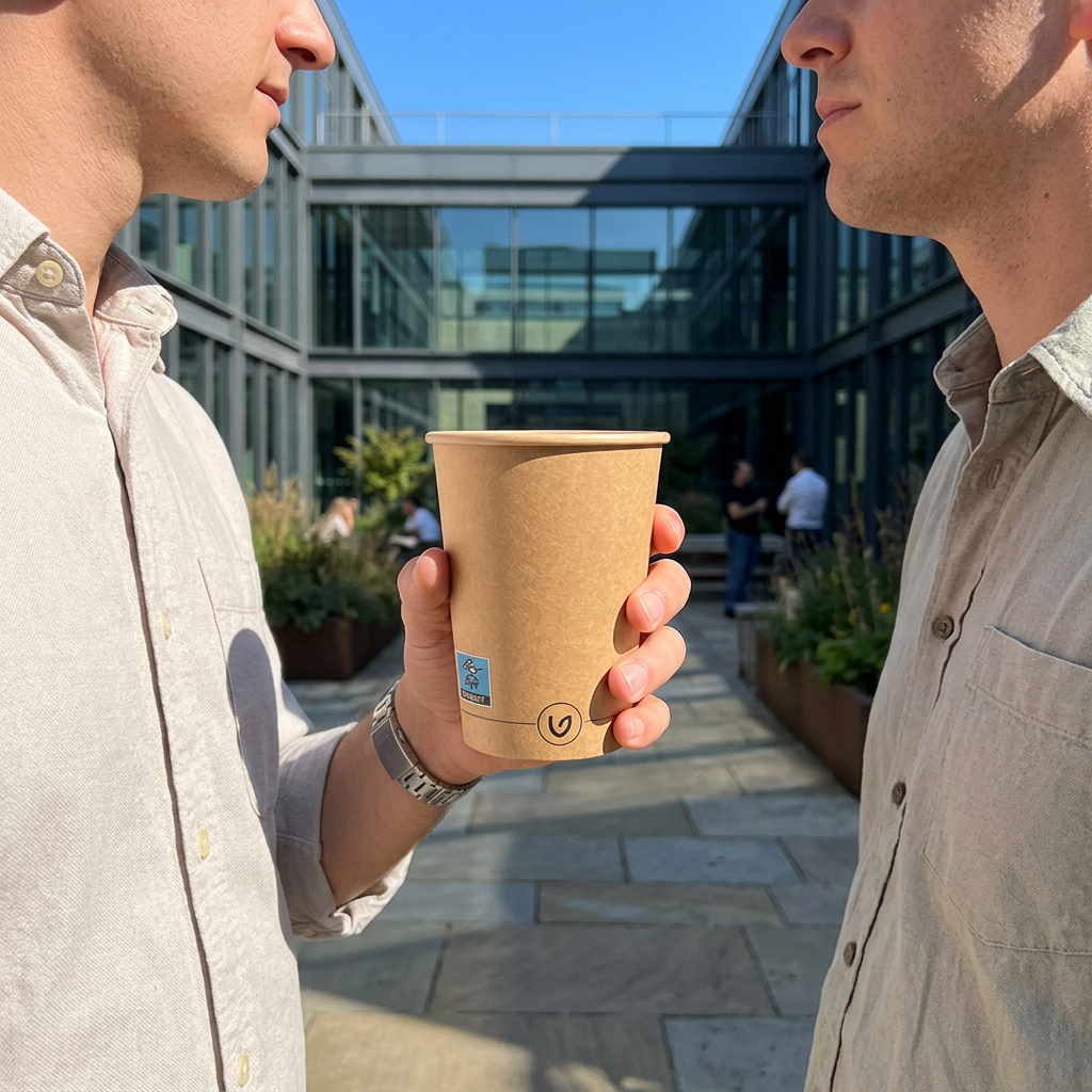 Voksen holder et brunt kaffebæger i en solrig kontorgårdhave