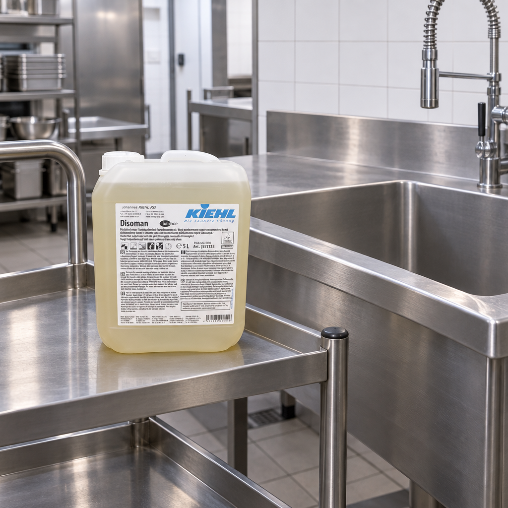 Kiehl Disoman 5 L på vogn ved stor køkkenvask