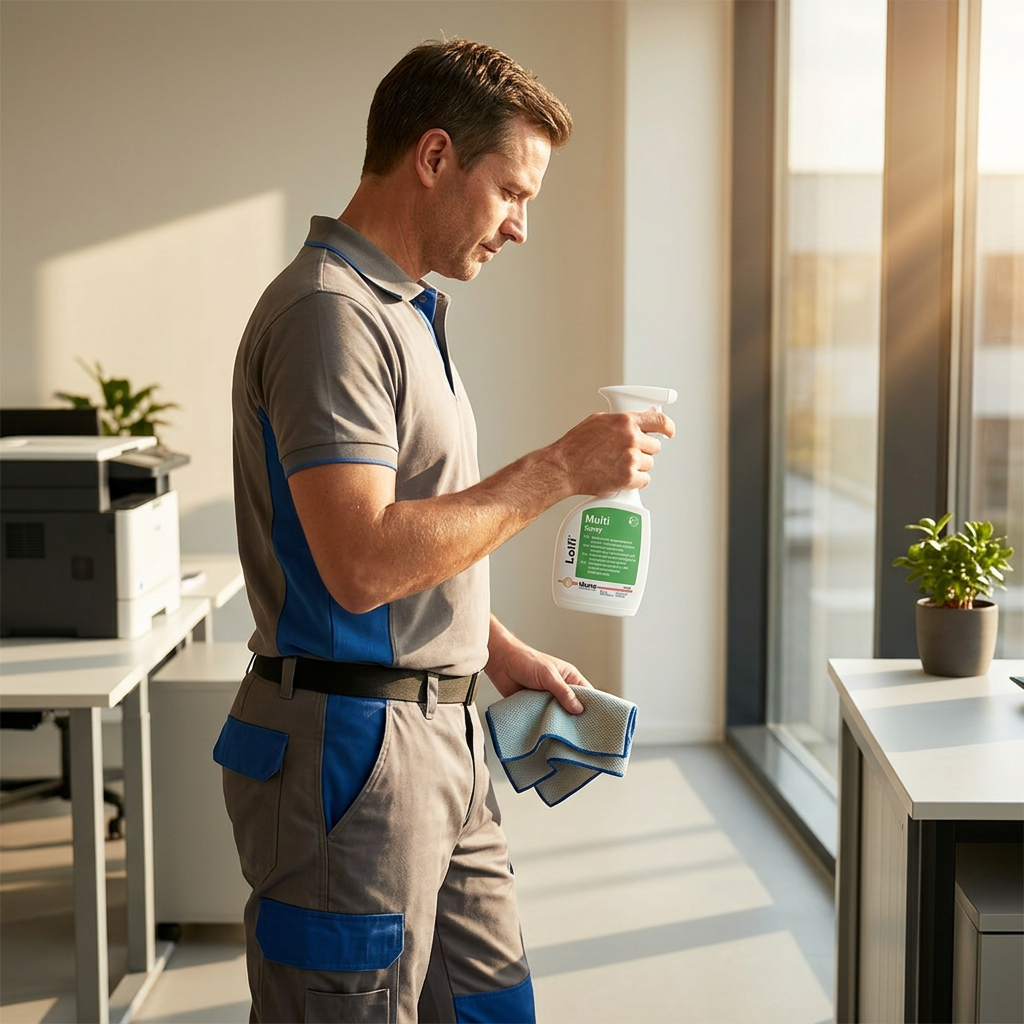 Stemningsbillede af voksen medarbejder med Leifi MultiSpray i hånden