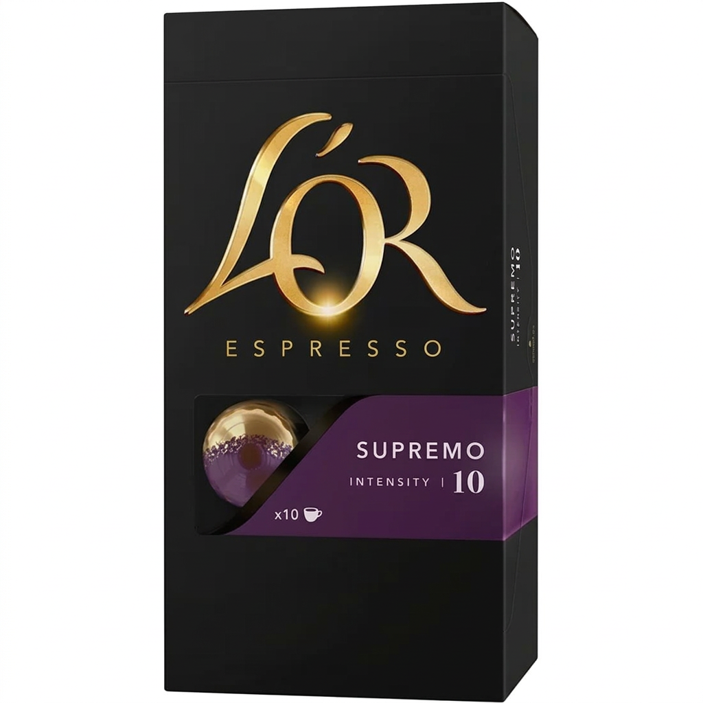 Forbedret originalversion af L’OR Espresso Supremo 10 på hvid baggrund