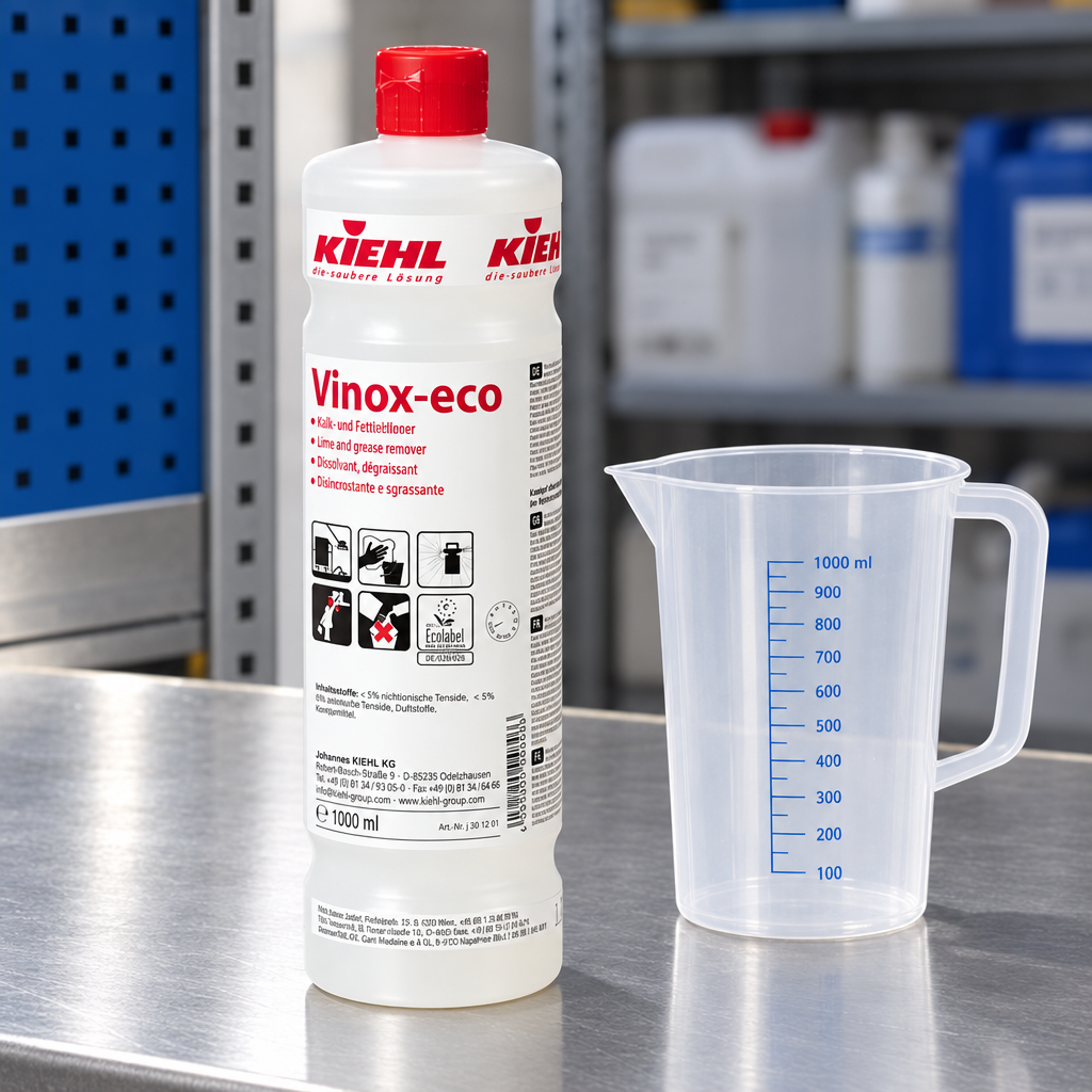 Kiehl Vinox-eco 1 L ved tom målekande i rengøringsdepot, stemningsbillede