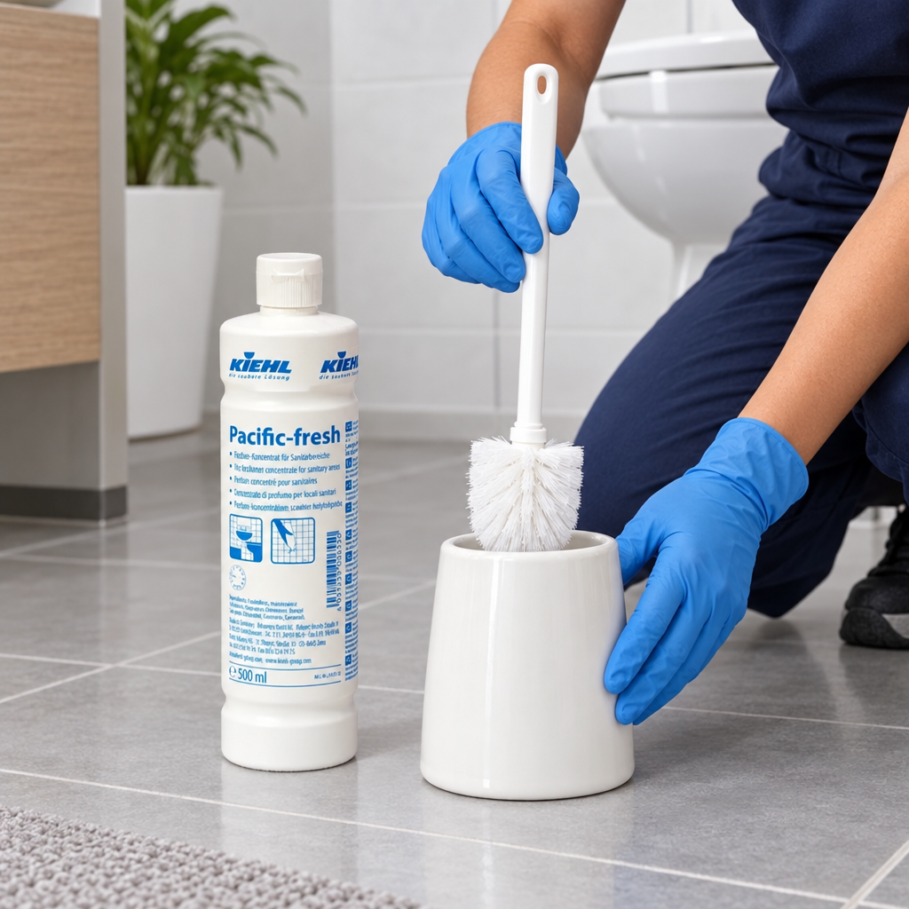 Lukket Pacific-fresh flaske ved medarbejderens klargøring af toiletbørste og børsteskål