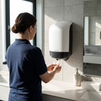 Voksen bruger ved Katrin S 90106 centerrulledispenser i sollyst toiletrum, stemningsbillede