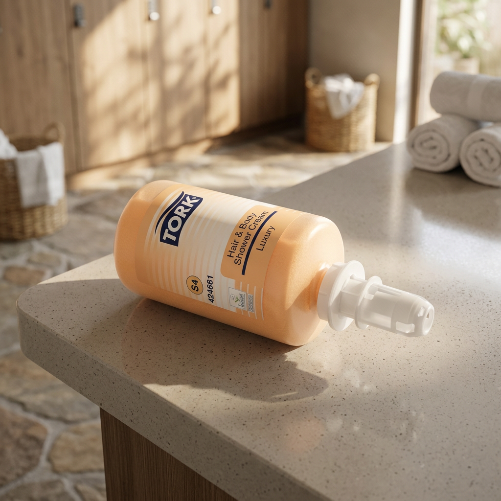 Tork S4 Hair & Body-refill på servicebord i sollyst spaområde