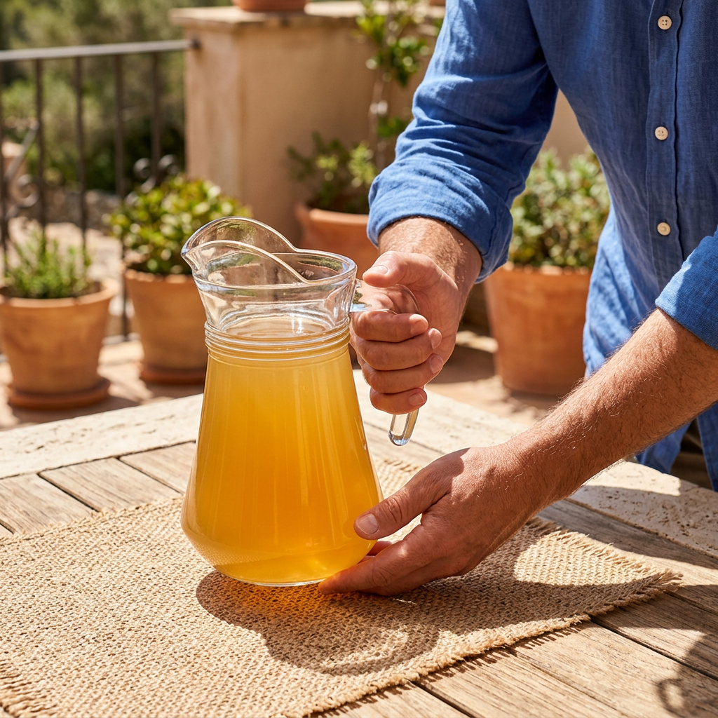 Voksen mand stiller glaskande på terrassebord i solskin