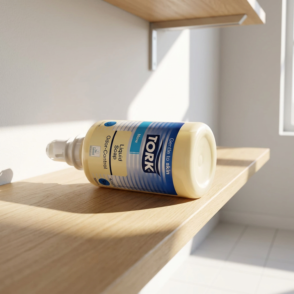 Tork Odor-Control S4 refill på lys hylde med sollys