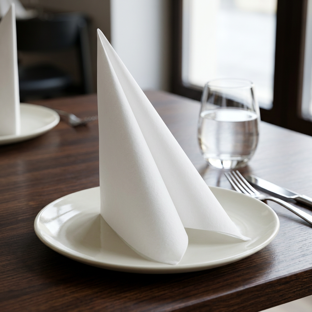 Hvid airlaid-serviet med stående fold på restaurantbord