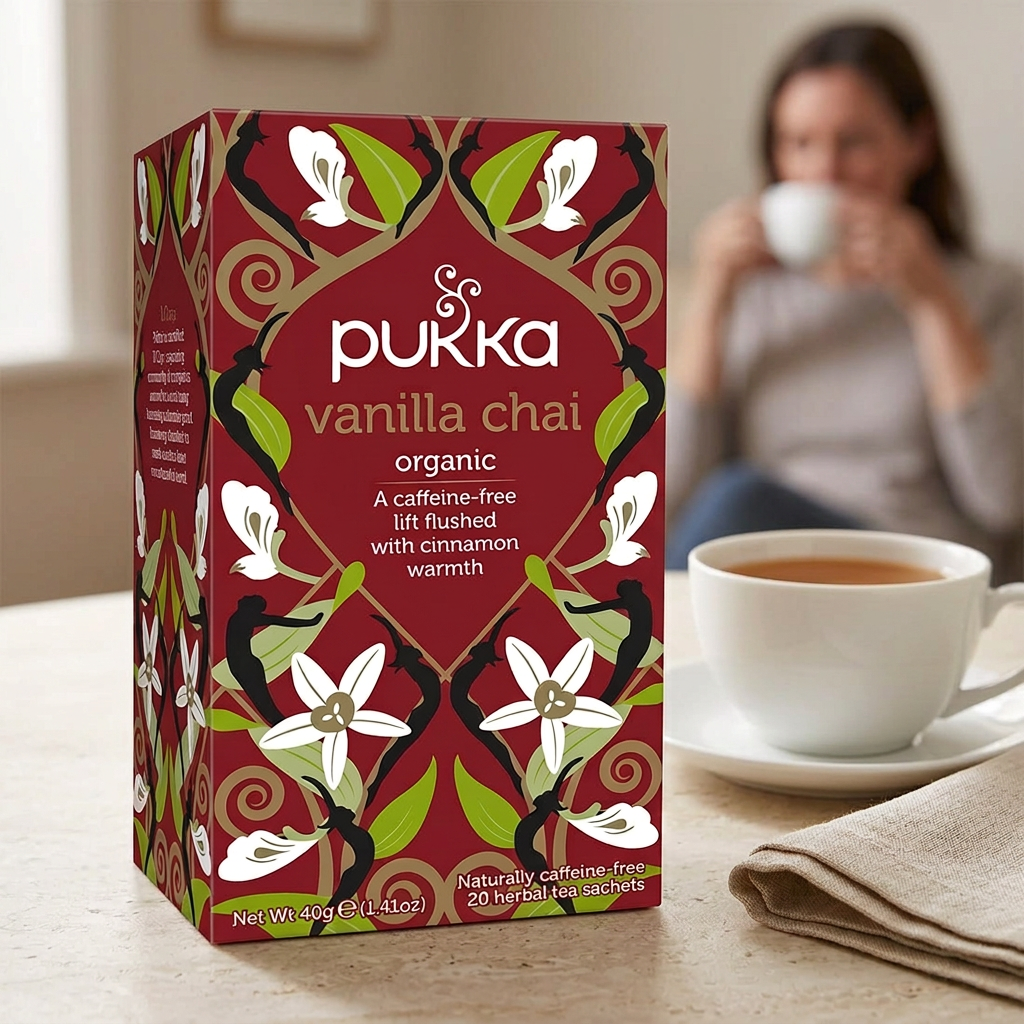 Pukka Vanilla Chai i forgrunden med en person der drikker te i baggrunden