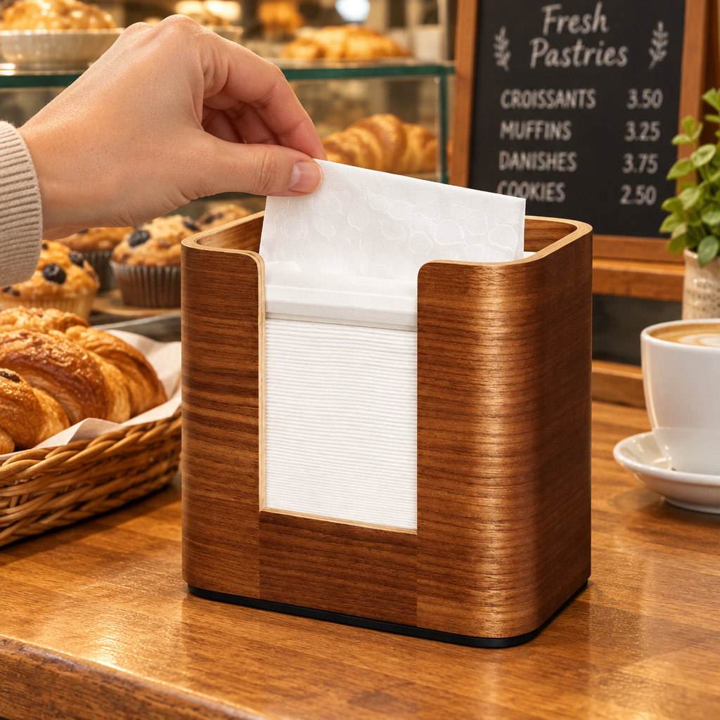 Valnøddispenser i brug i bagercafé, stemningsbillede