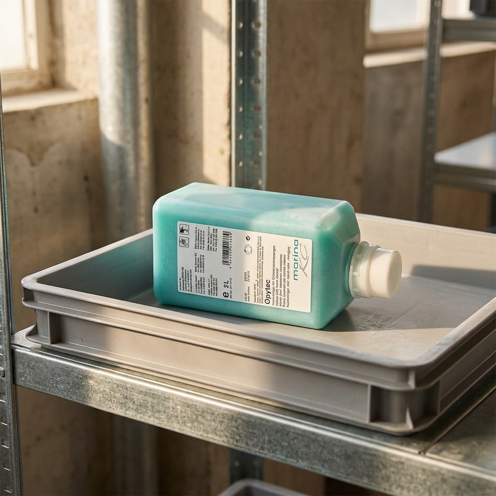 Kiehl Opytec 2-liters refillflaske liggende i en bakke på en solbelyst metalreol.